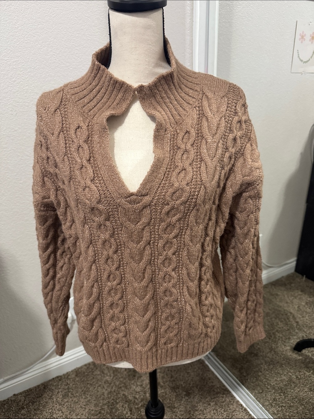 a new day Camel Brown Cable V‑Neck Keyhole Sweater